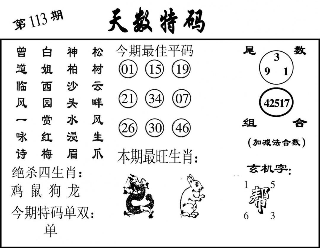 六合彩113期天数特码(黑白)