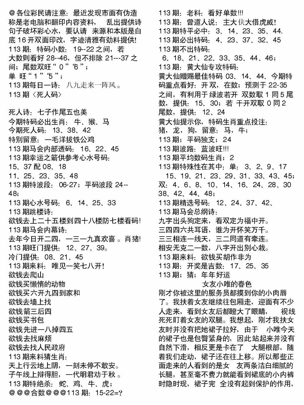 六合彩113期当日电脑综合资料B(黑白)