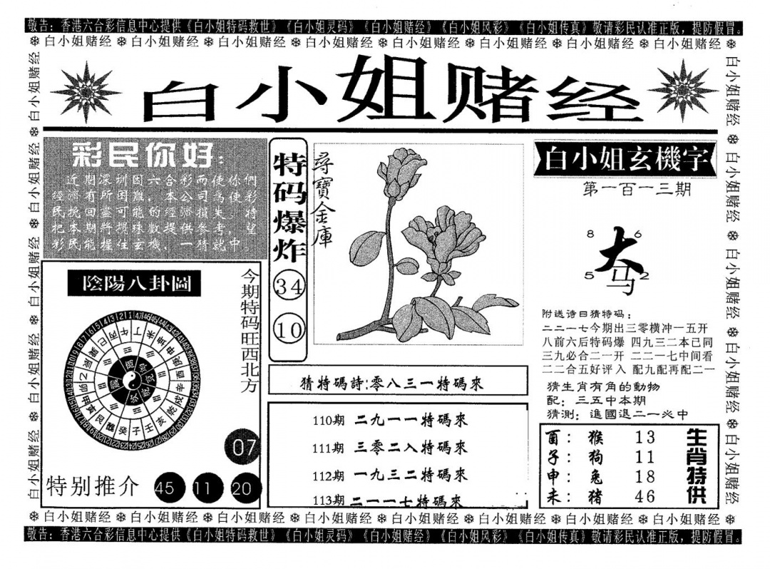六合彩113期白姐赌经(黑白)