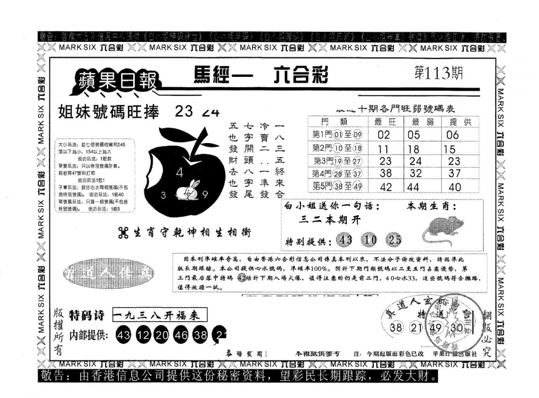 六合彩113期苹果日报A(黑白)