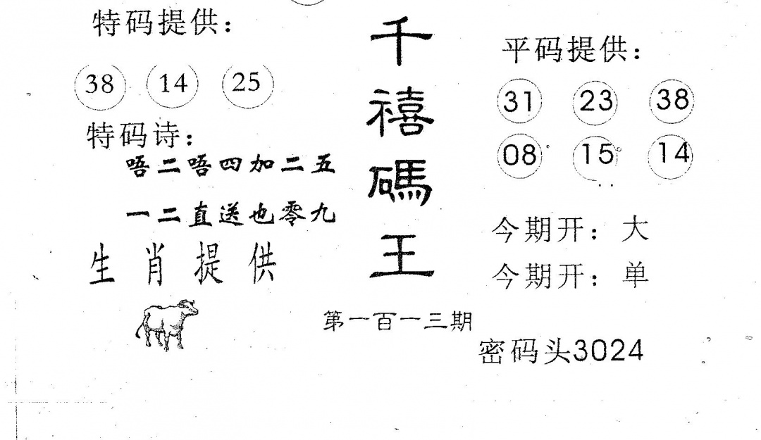 六合彩113期千禧码王(黑白)