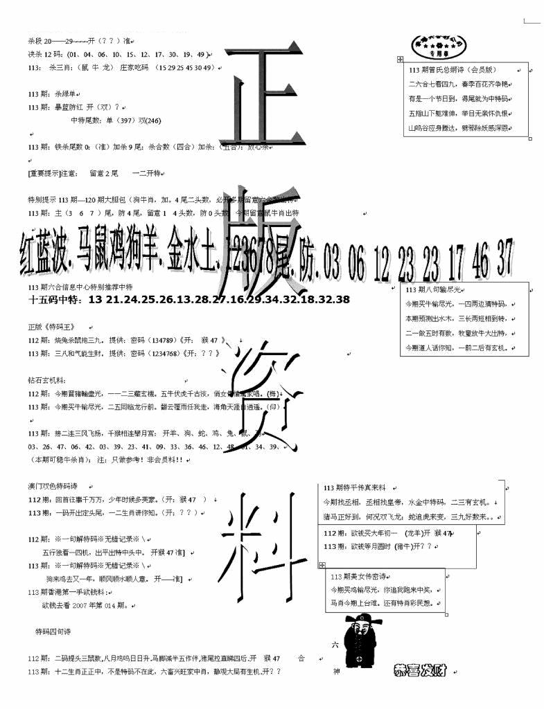 六合彩113期正版资料(黑白)