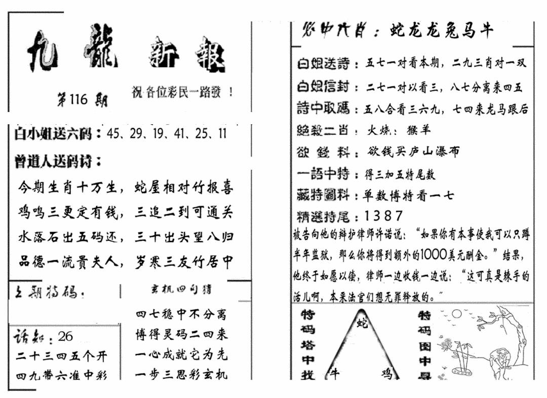 六合彩116期九龙新报(生肖版)(黑白)