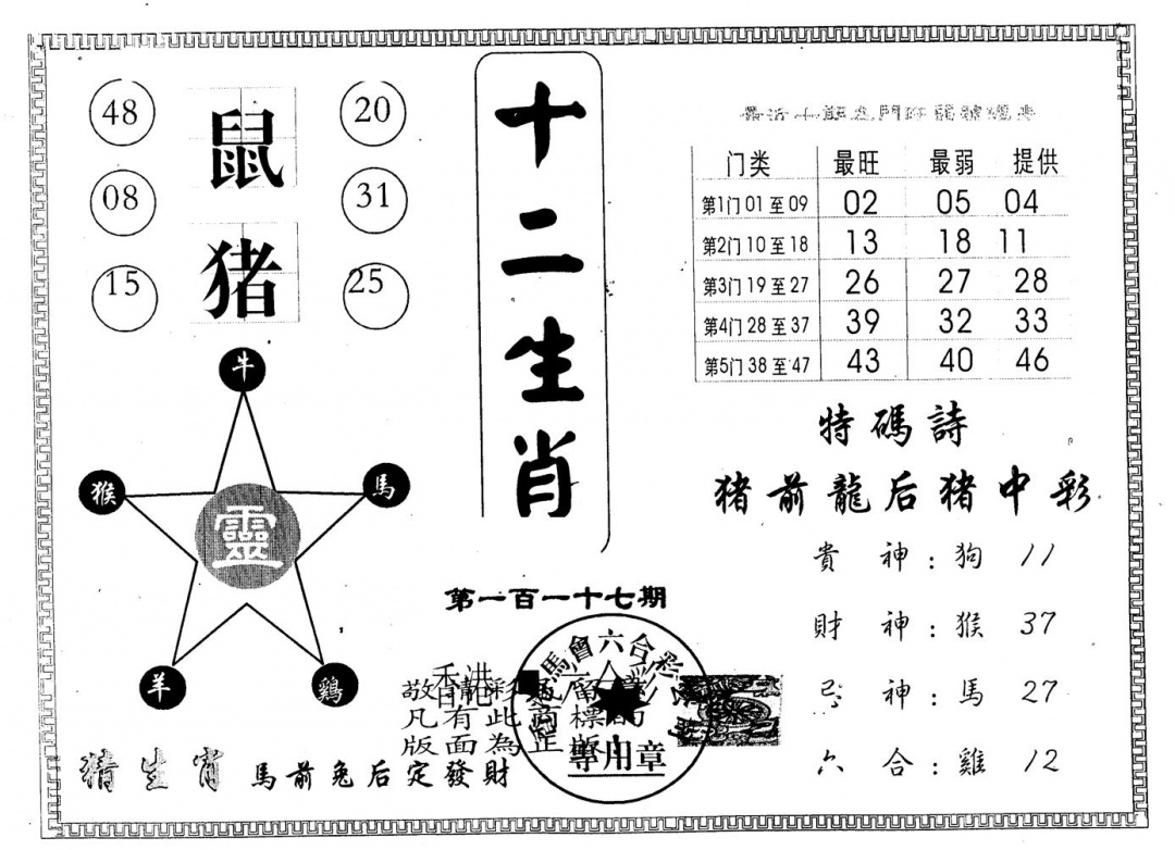 六合彩117期另版十二生肖(黑白)