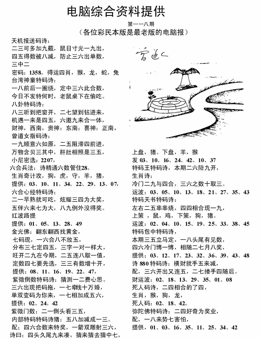 六合彩118期电脑综合资料A(黑白)