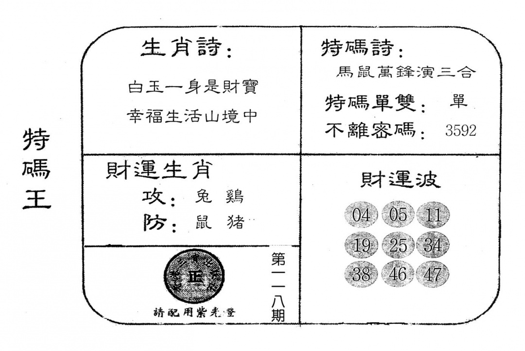 六合彩118期老版特码王(黑白)