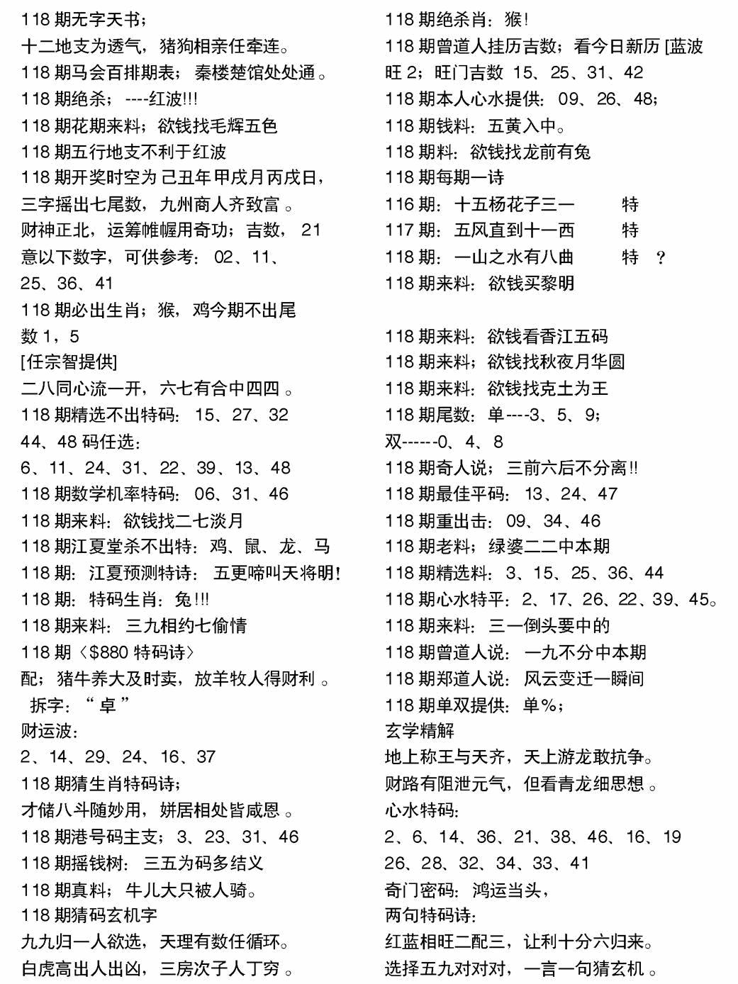 六合彩118期当日电脑综合资料A(黑白)