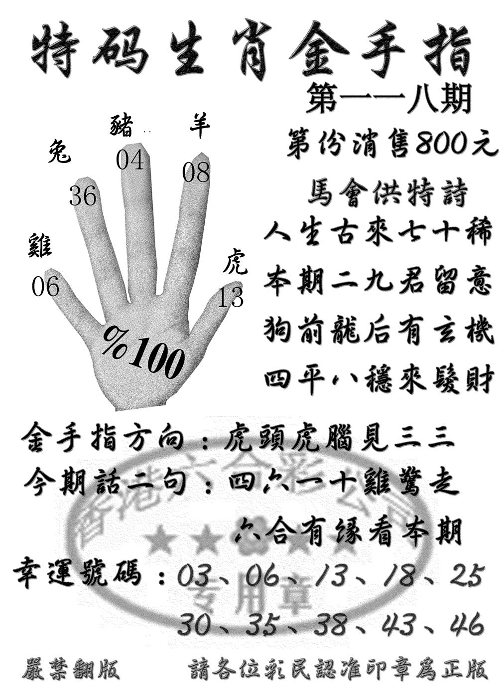 六合彩118期特码金手指(黑白)