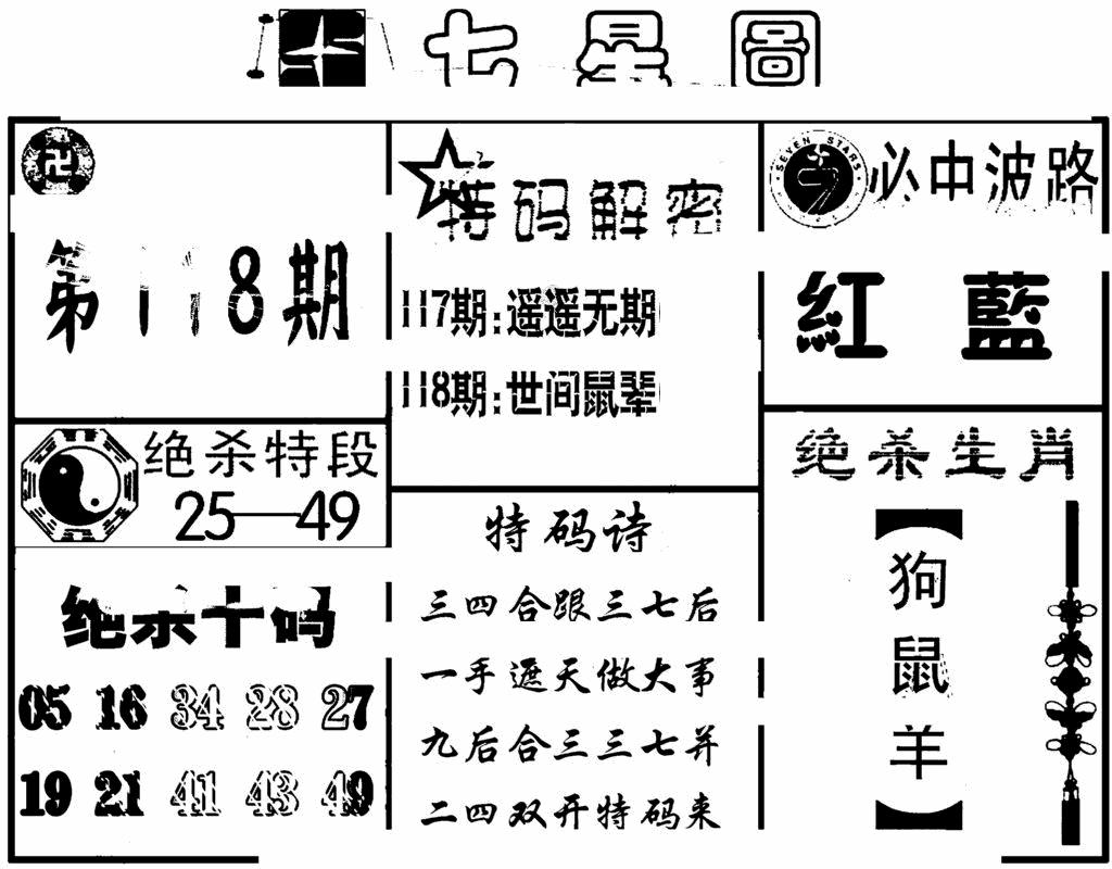 六合彩118期七星图(黑白)