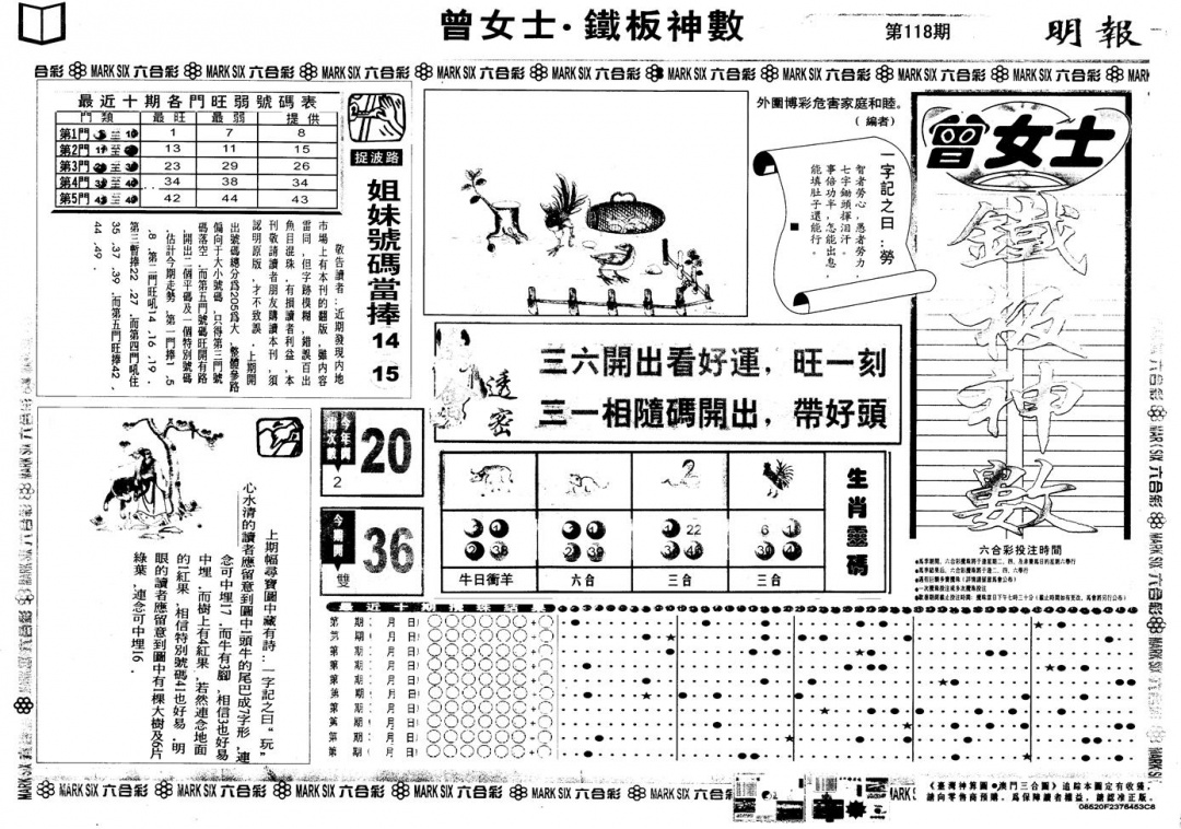 六合彩118期另版曾铁板神数A(黑白)