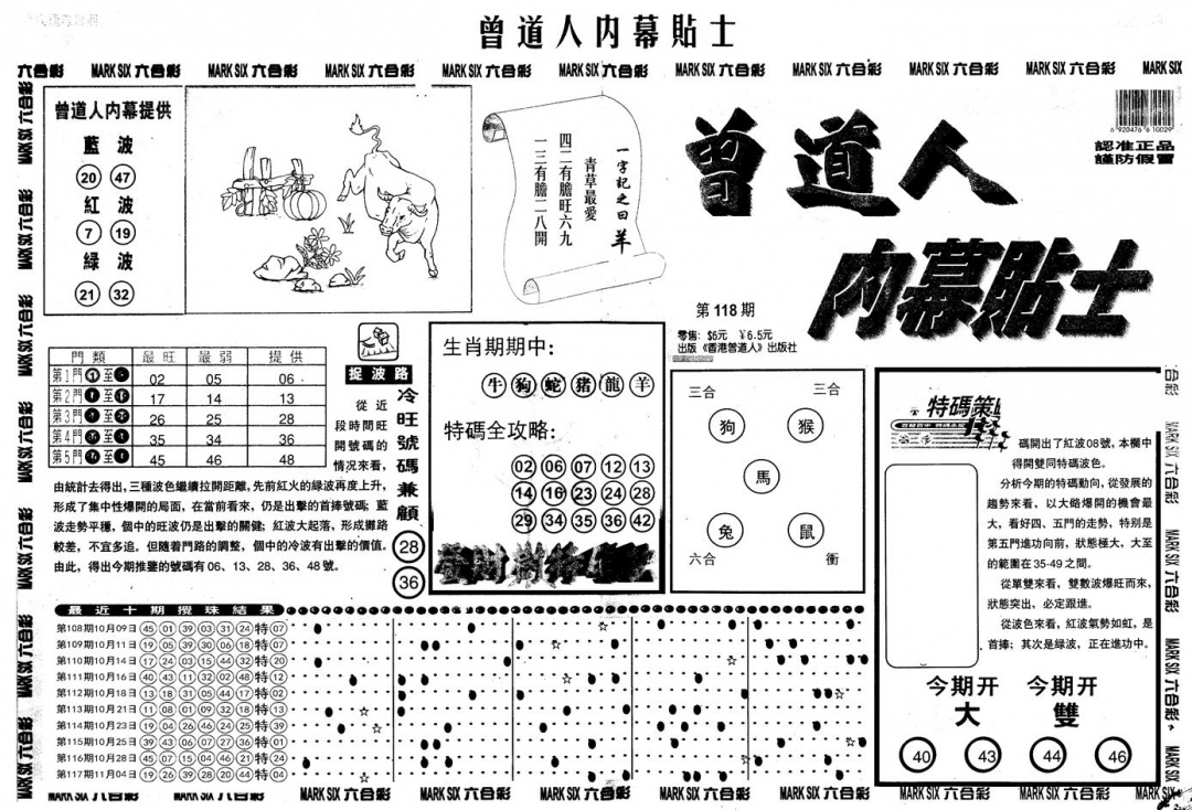 六合彩118期另内幕贴士A(黑白)