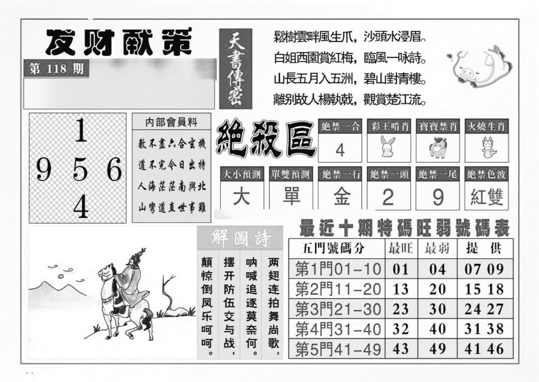 六合彩118期发财献策(特准)(黑白)