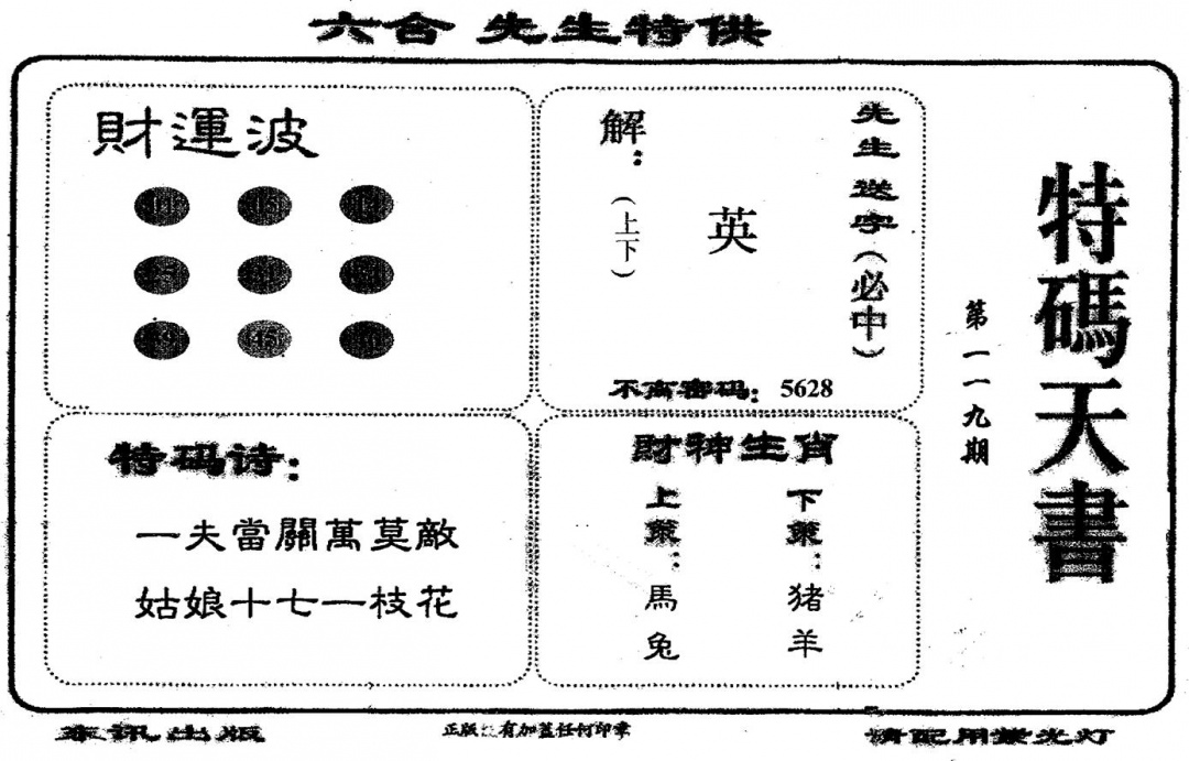 六合彩119期老版特码天书(黑白)