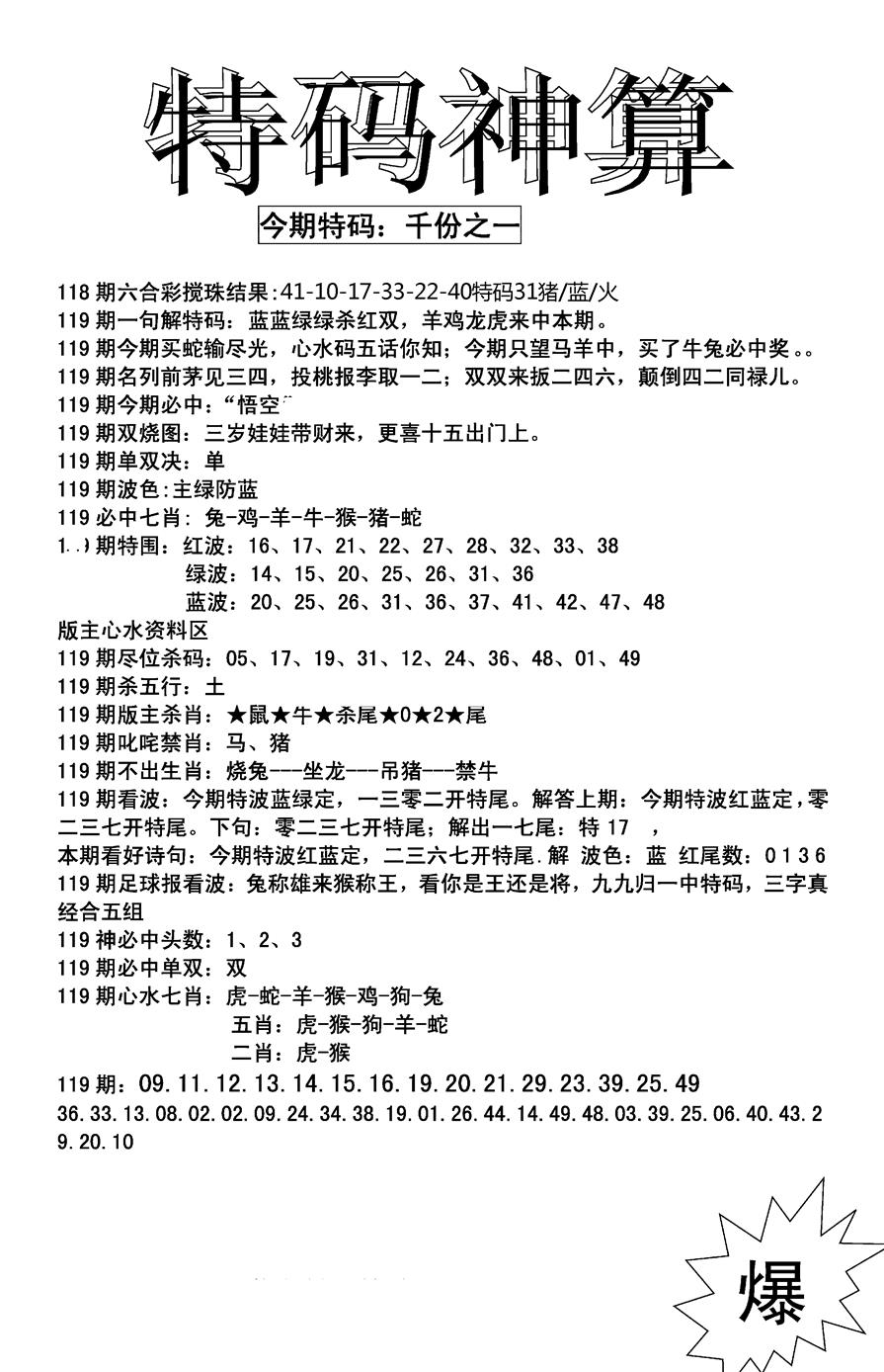 六合彩119期特码神算(新图)(黑白)