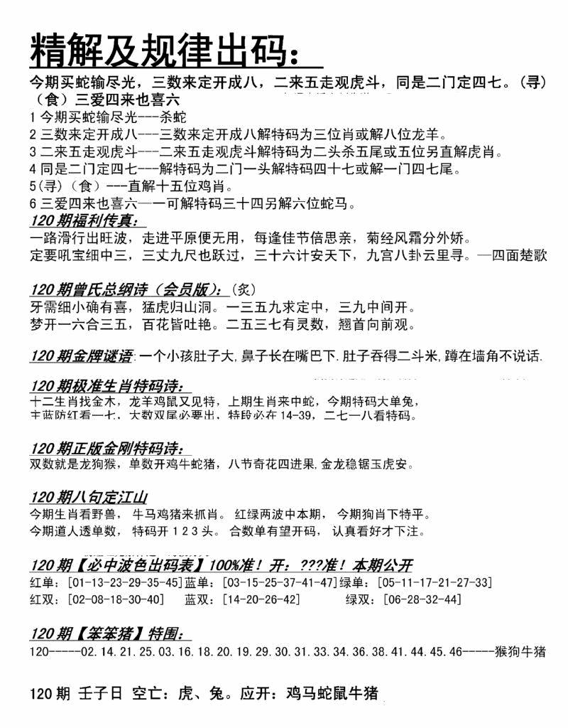 六合彩120期精解及规律出码图(黑白)