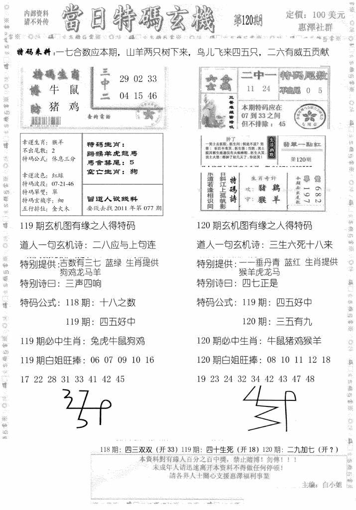 六合彩120期当日特码玄机B(黑白)