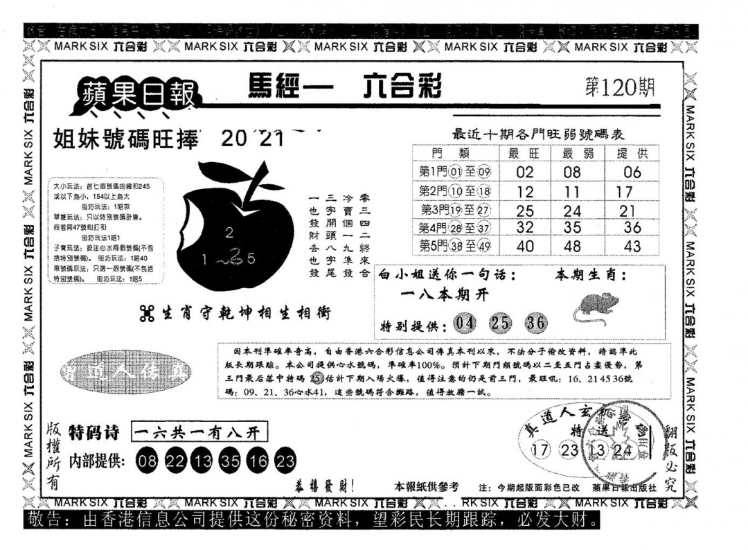 六合彩120期苹果日报A(黑白)