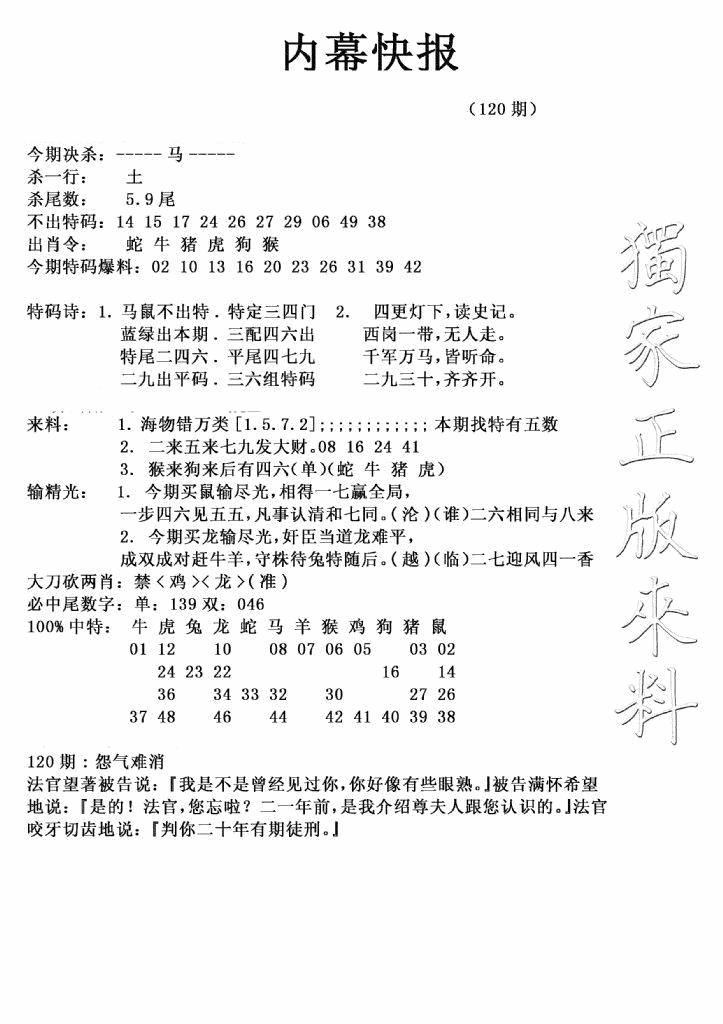 六合彩120期内幕快报(新图)(黑白)