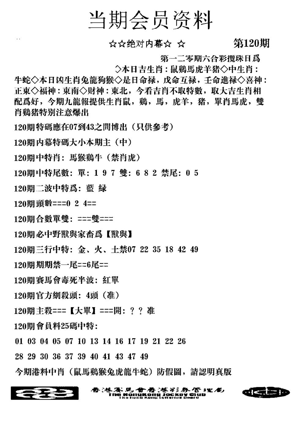 六合彩120期当期会员资料图(新料)(黑白)