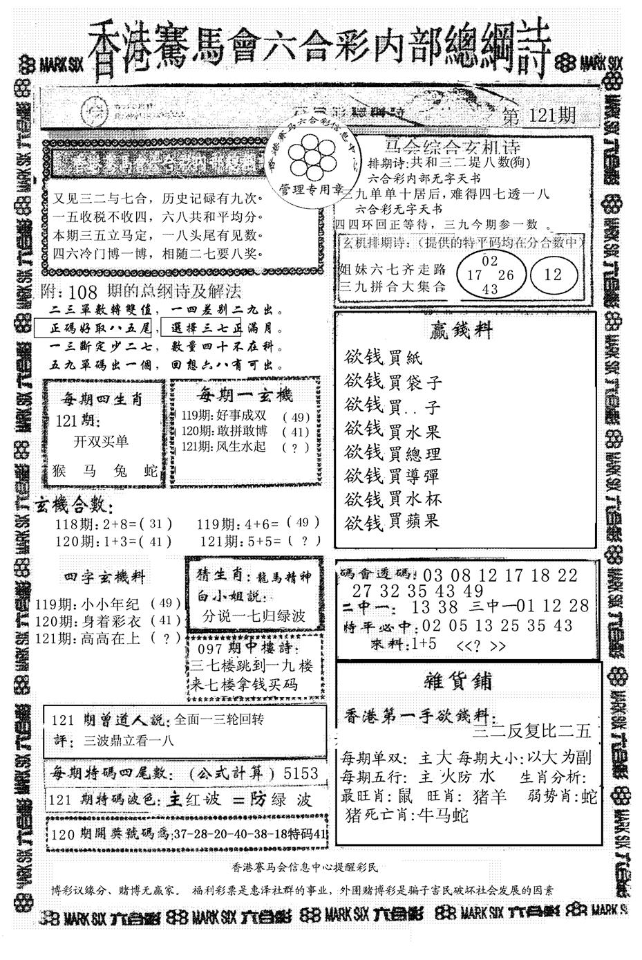 六合彩121期马会总刚(黑白)