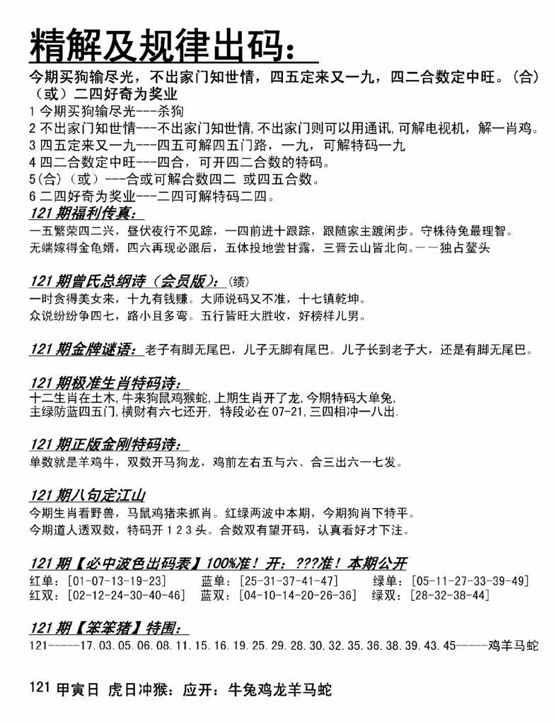 六合彩121期精解及规律出码图(黑白)