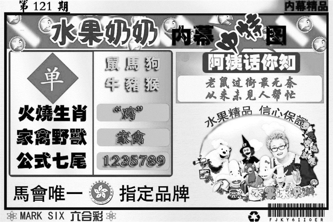 六合彩121期水果奶奶内幕(黑白)