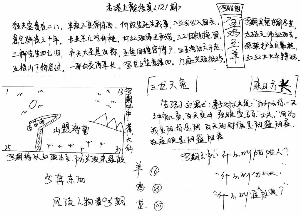六合彩121期手写九龙内幕(早图)(黑白)