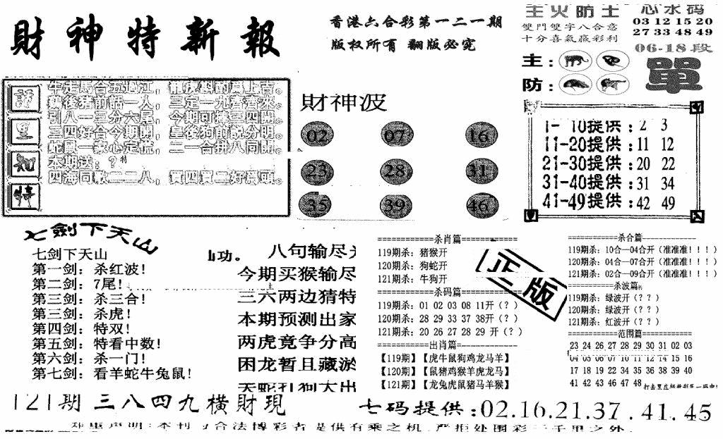 六合彩121期财神特新报(新图)(黑白)