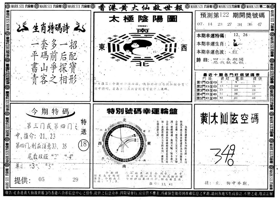 六合彩122期另版香港黄大仙B(黑白)