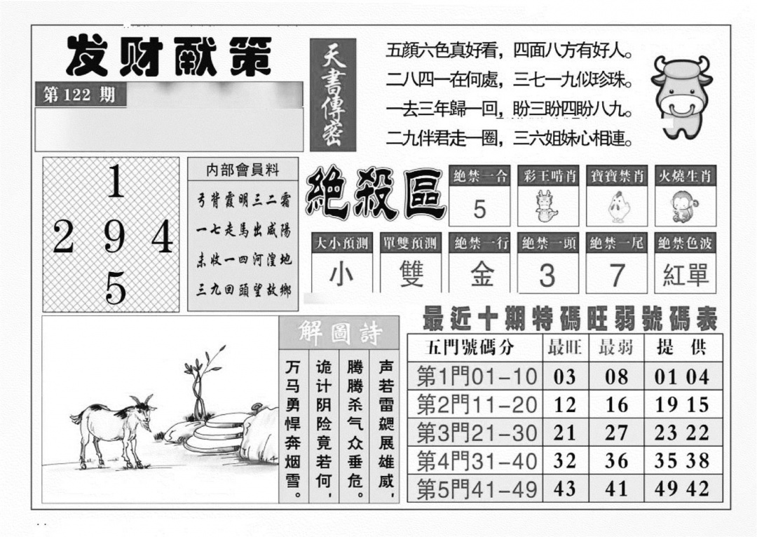 六合彩122期发财献策(特准)(黑白)