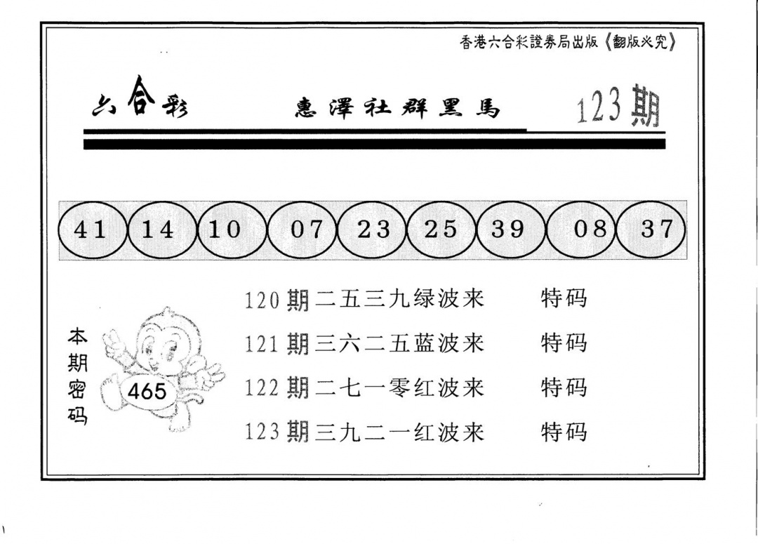 六合彩123期黑马(黑白)