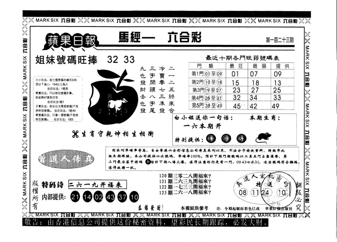 六合彩123期苹果日报A(黑白)