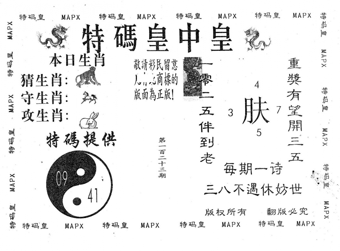 六合彩123期皇中皇B(黑白)