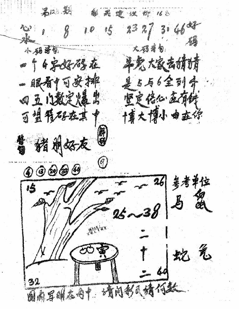 六合彩123期香港九龙传真1(手写版)(黑白)