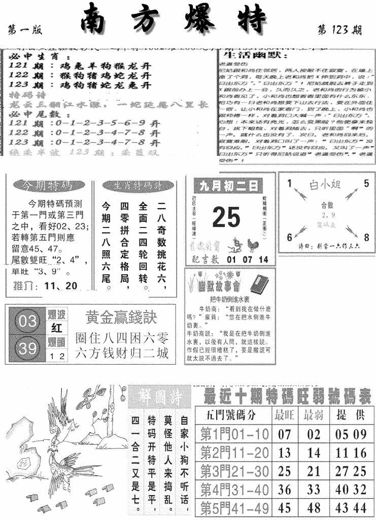 六合彩123期南方爆特A(新图)(黑白)