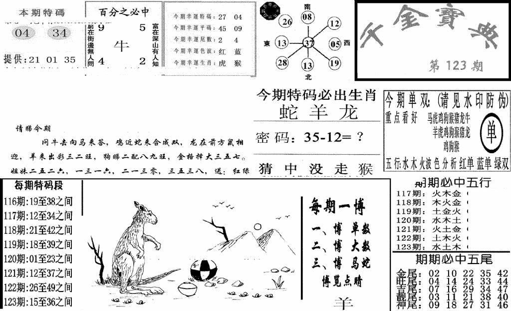 六合彩123期千金宝典(新图)(黑白)