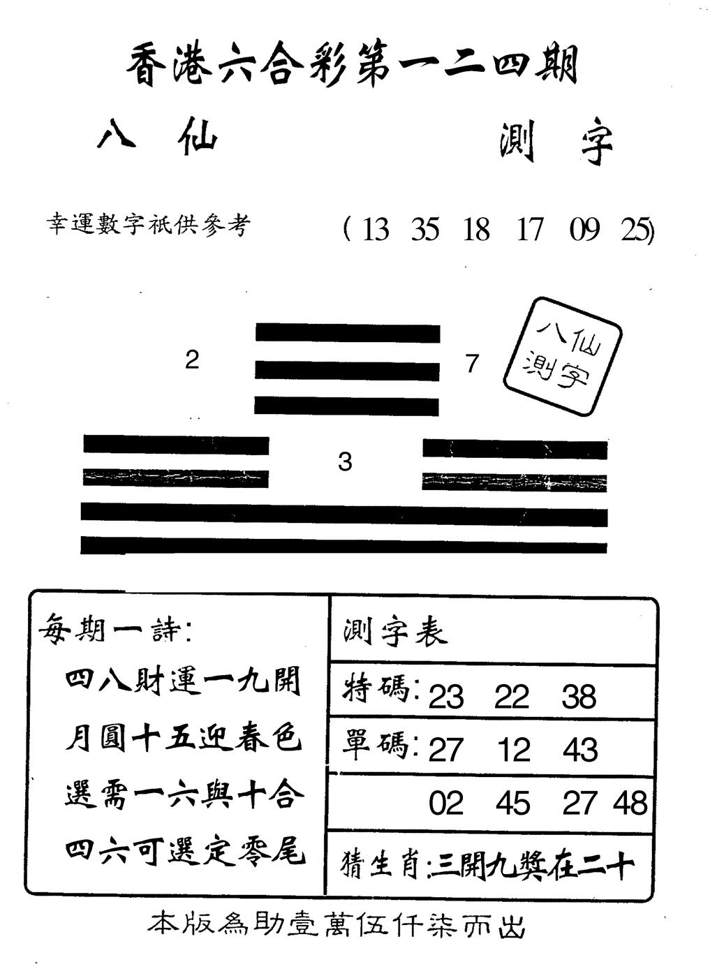 六合彩124期八仙测字(黑白)