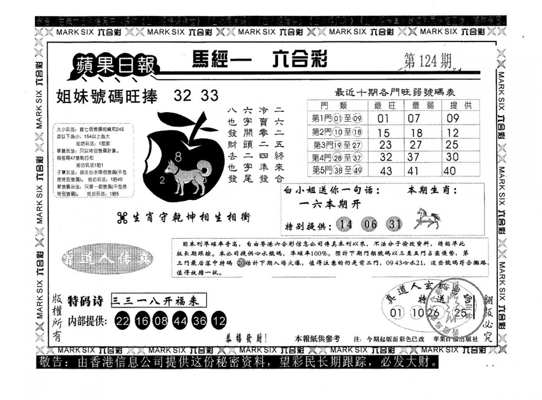 六合彩124期苹果日报A(黑白)