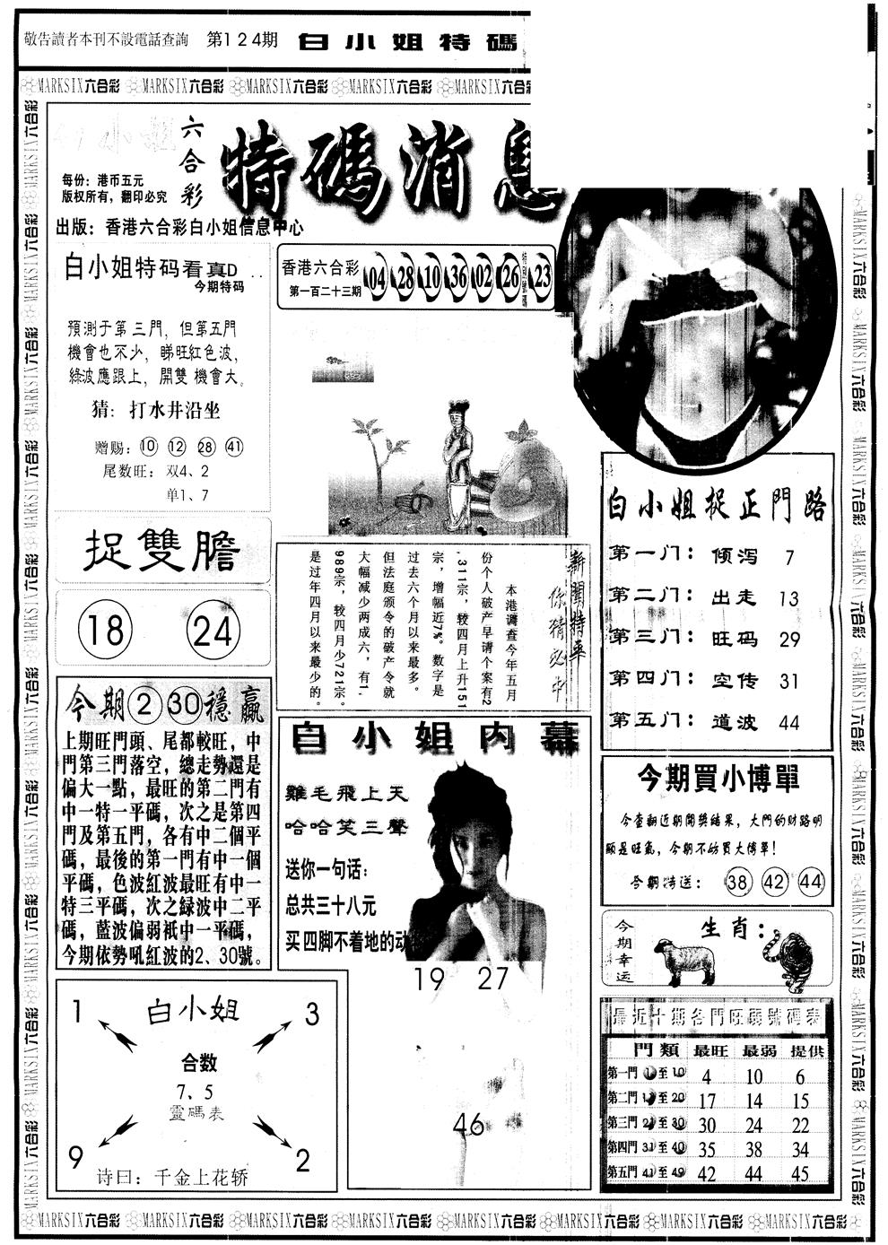 六合彩124期另版白姐特码消息A(黑白)