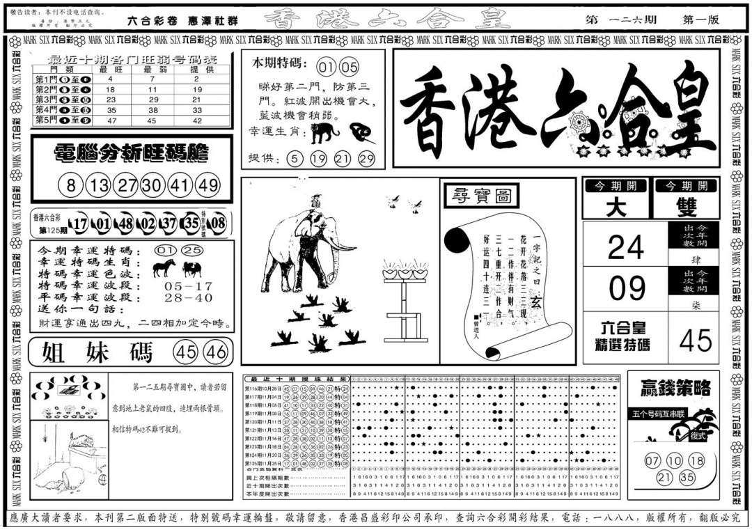 六合彩126期另版香港六合皇A(黑白)