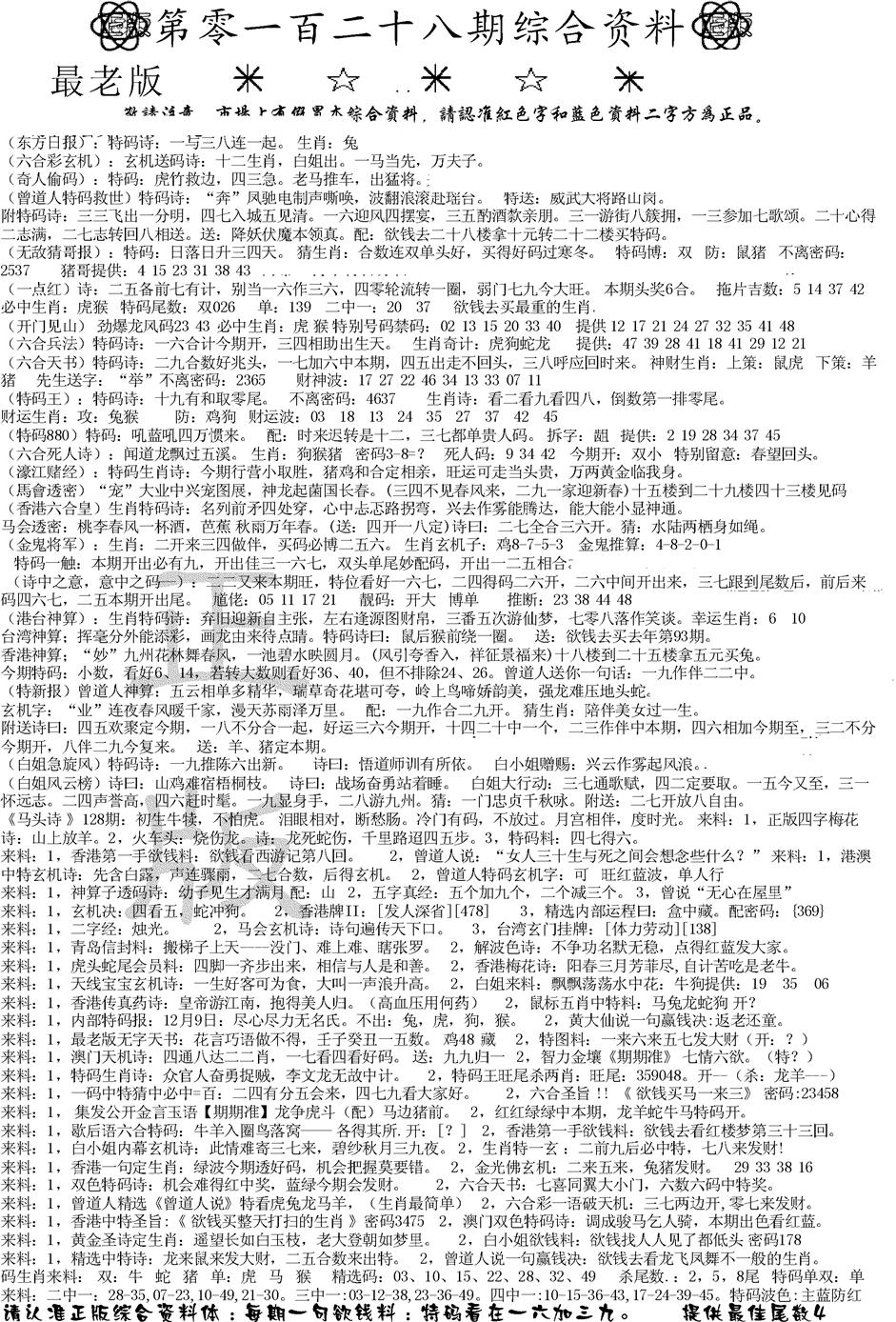 六合彩128期正版综合资料A(黑白)