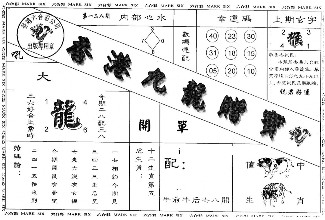 六合彩128期另版九龙赠宝(黑白)