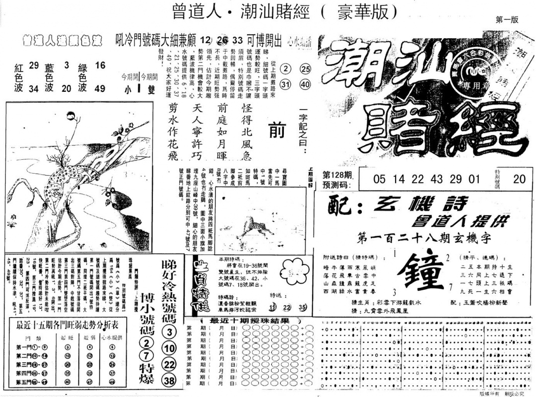 六合彩128期另版潮汕赌经濠华版A(黑白)