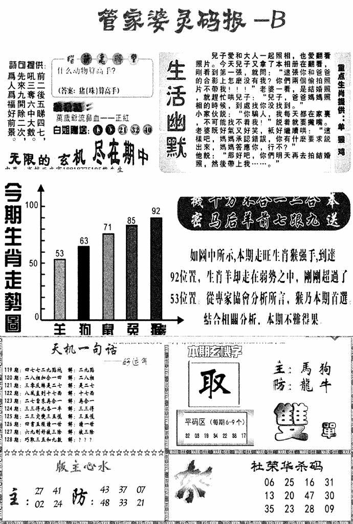 六合彩128期管家婆灵码报B(新图)(黑白)
