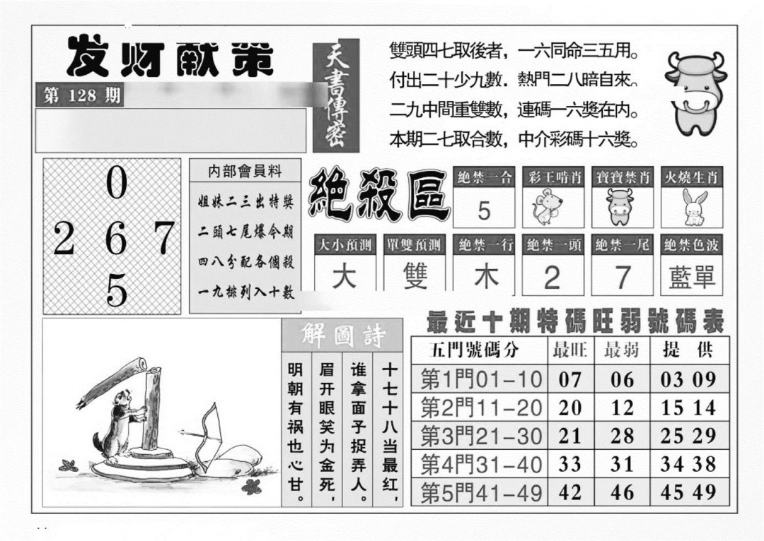 六合彩128期发财献策(特准)(黑白)