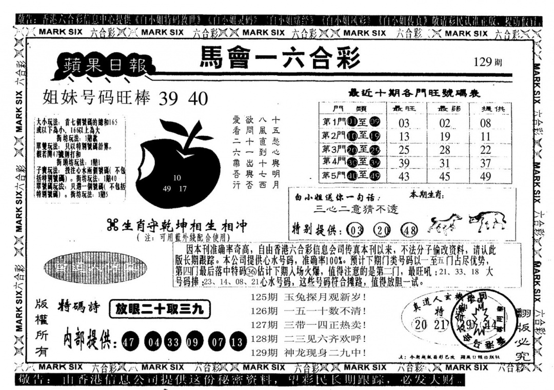 六合彩129期苹果日报(黑白)