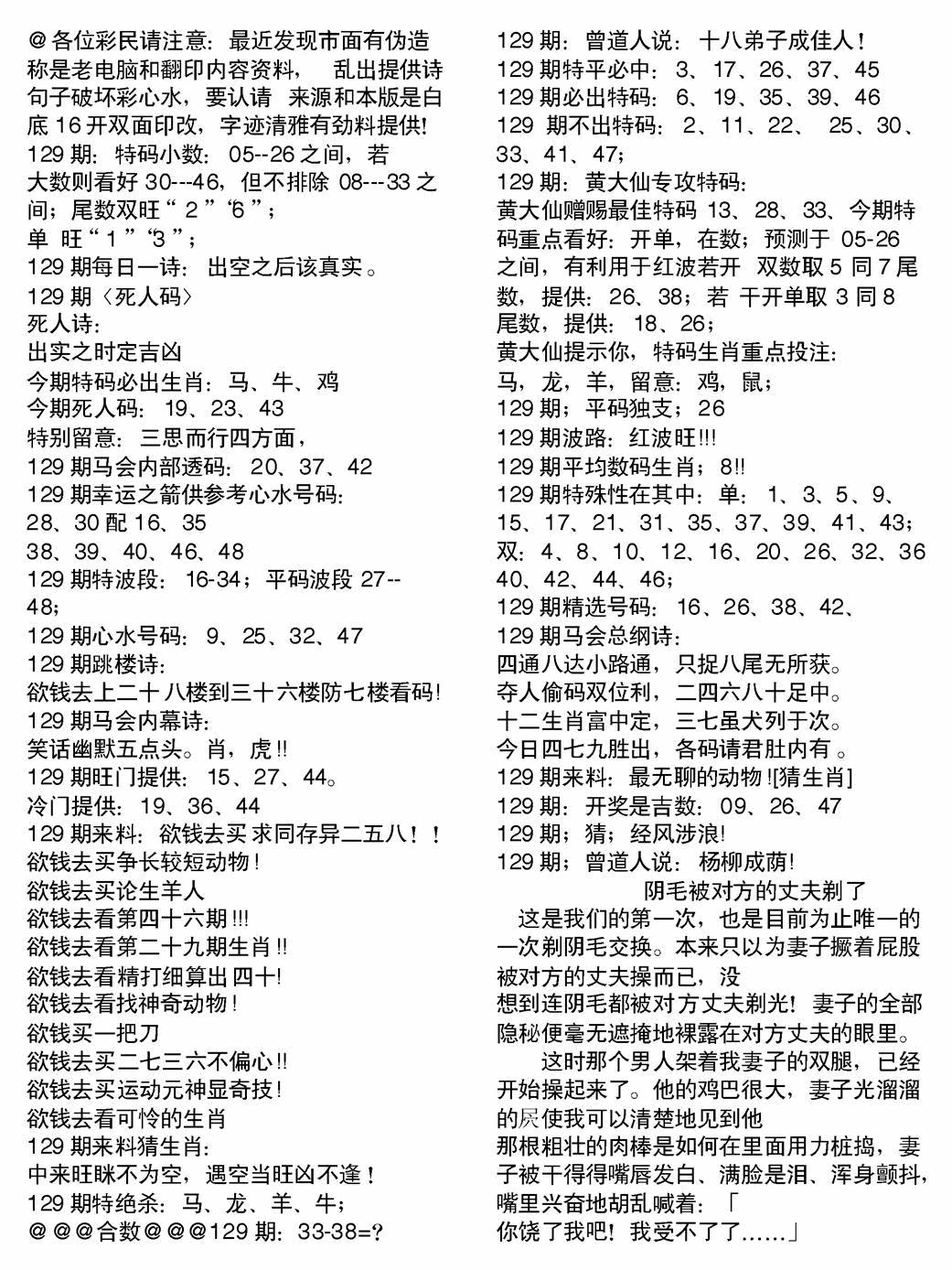 六合彩129期当日电脑综合资料B(黑白)