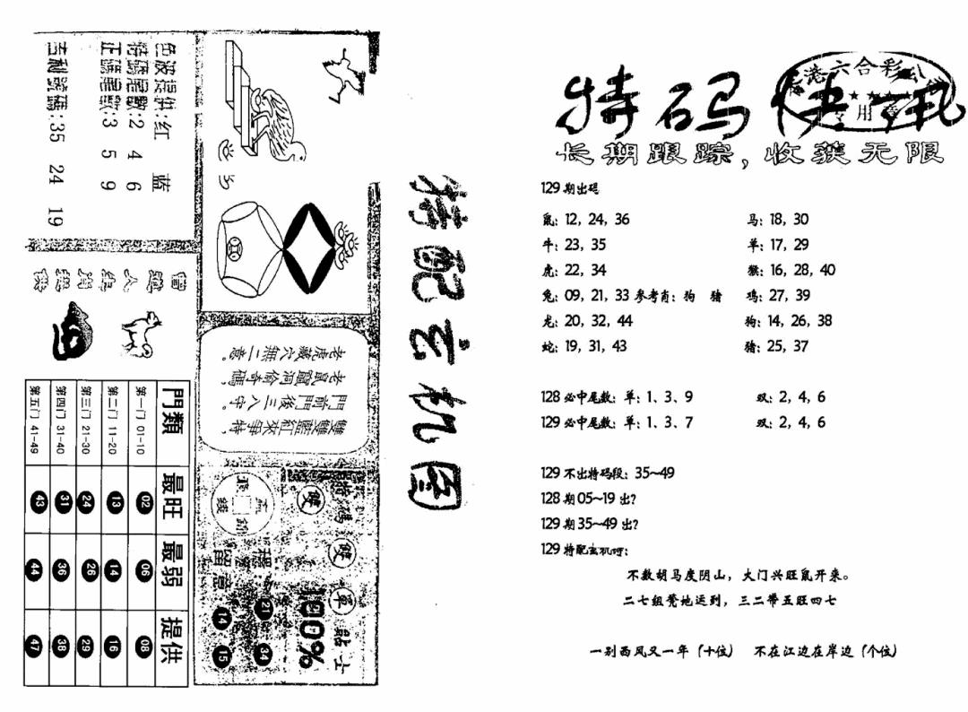 六合彩129期特快快讯+玄机图(新)(黑白)