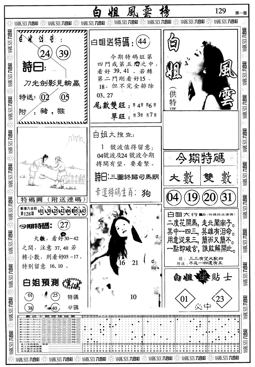 六合彩129期另版白姐风云榜A(黑白)