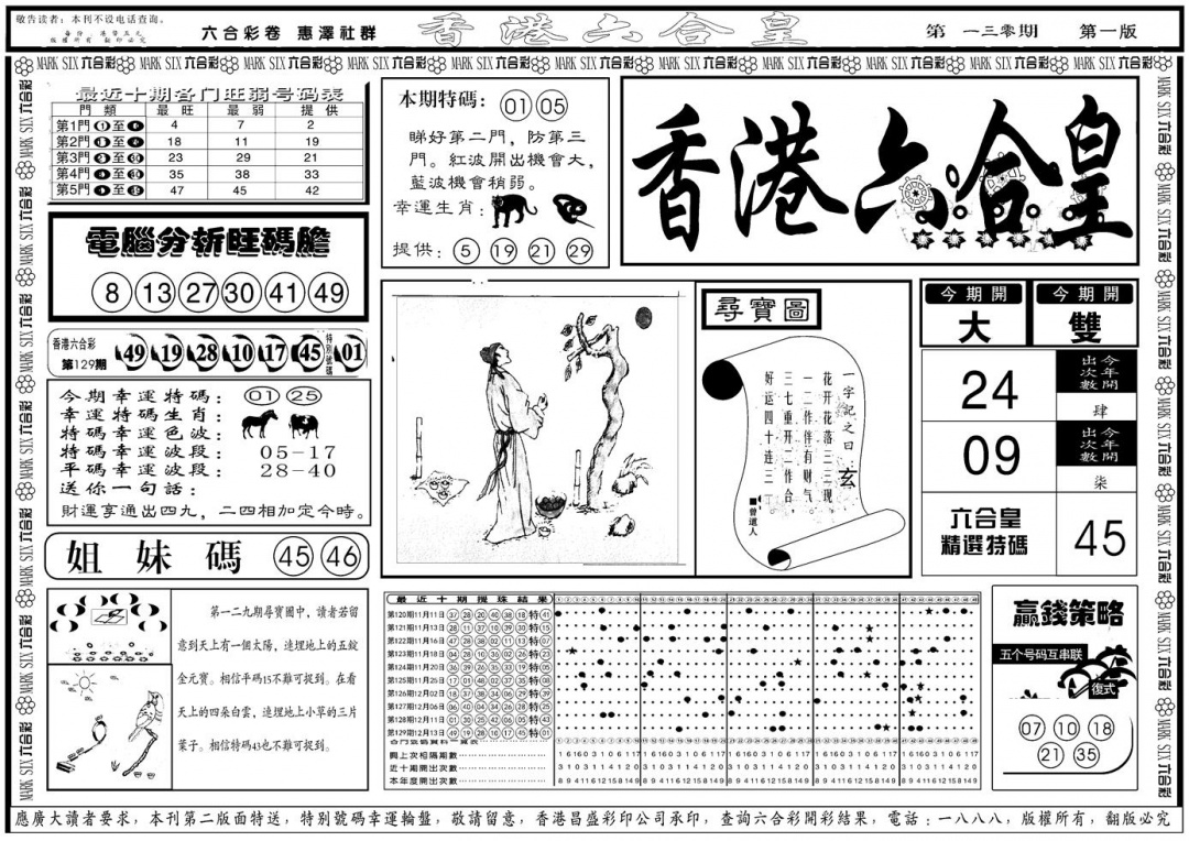 六合彩130期另版香港六合皇A(黑白)
